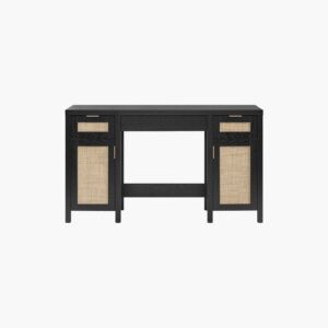 Minimalist Sicotas Savanna black oak makeup vanity table featuring open workspace and a slim frame.
