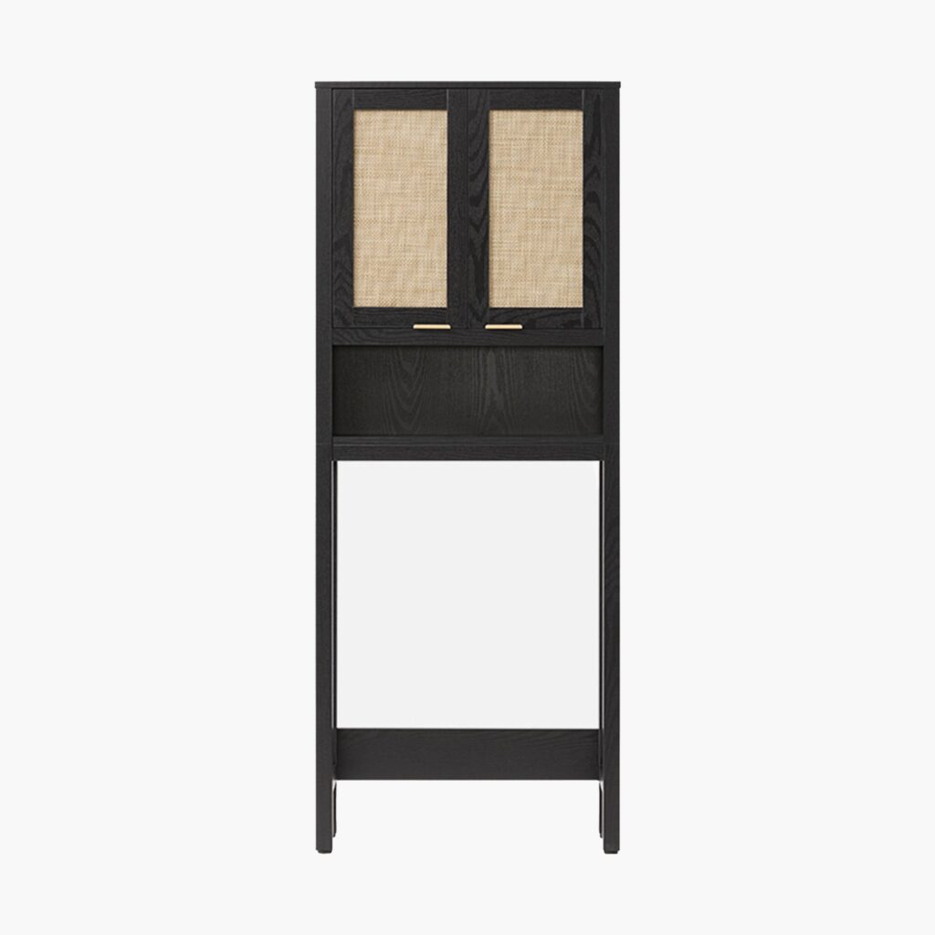 Honest Sicotas Furniture Review: Affordable Luxury or Flat-Pack Headache? 16 Space-saving Sicotas Savanna black oak over toilet storage cabinet with glass doors for bathroom organization.
