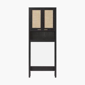 Space-saving Sicotas Savanna black oak over toilet storage cabinet with glass doors for bathroom organization.