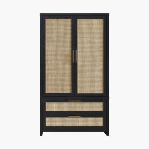 Tall contemporary Sicotas Savanna black oak rattan wardrobe shelving unit with a classic arched upper top.