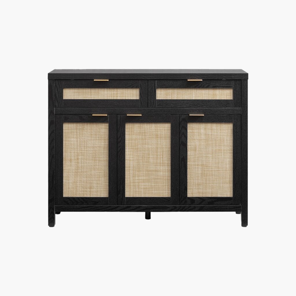 Living Room Furniture 16 Modern Sicotas Savanna black oak tv console with storage compartments and sleek glass doors.