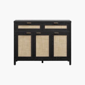 Modern Sicotas Savanna black oak tv console with storage compartments and sleek glass doors.