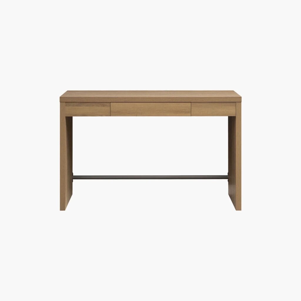 Minimalist Sicotas Savanna caramel oak desk with an integrated drawer and clean wooden frame.
