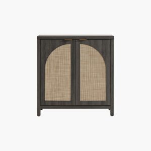 Low-slung minimalist Sicotas Savanna dark grey 2 door buffet media table console with center shelving.