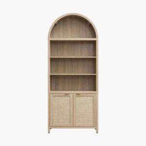 Tall Sicotas Savanna light oak arched bookcase doors featuring a bohemian top arch and glass doors.