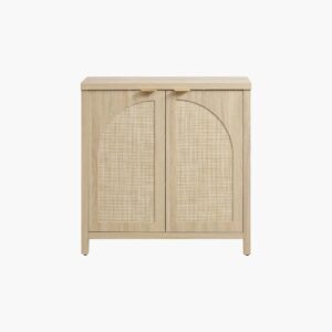 Beautiful Sicotas Savanna light oak arched cabinet with elegant glass double doors for display.