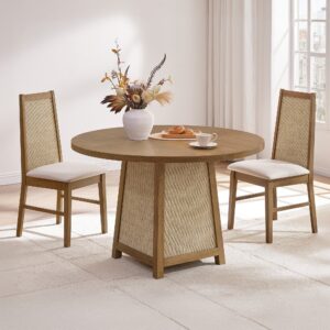 Elegant Sicotas Savanna reclaimed caramel oak dining set with a round wooden table and matching chairs in a bright room.