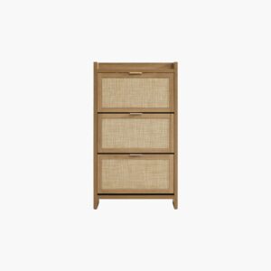 Minimalist Sicotas Savanna reclaimed caramel oak 30 pair flip shoe cabinet with a slim
