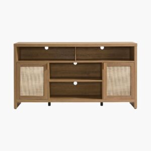 Low-slung Sicotas Savanna reclaimed 65 inch tv stand in caramel oak with mesh front cabinet doors.