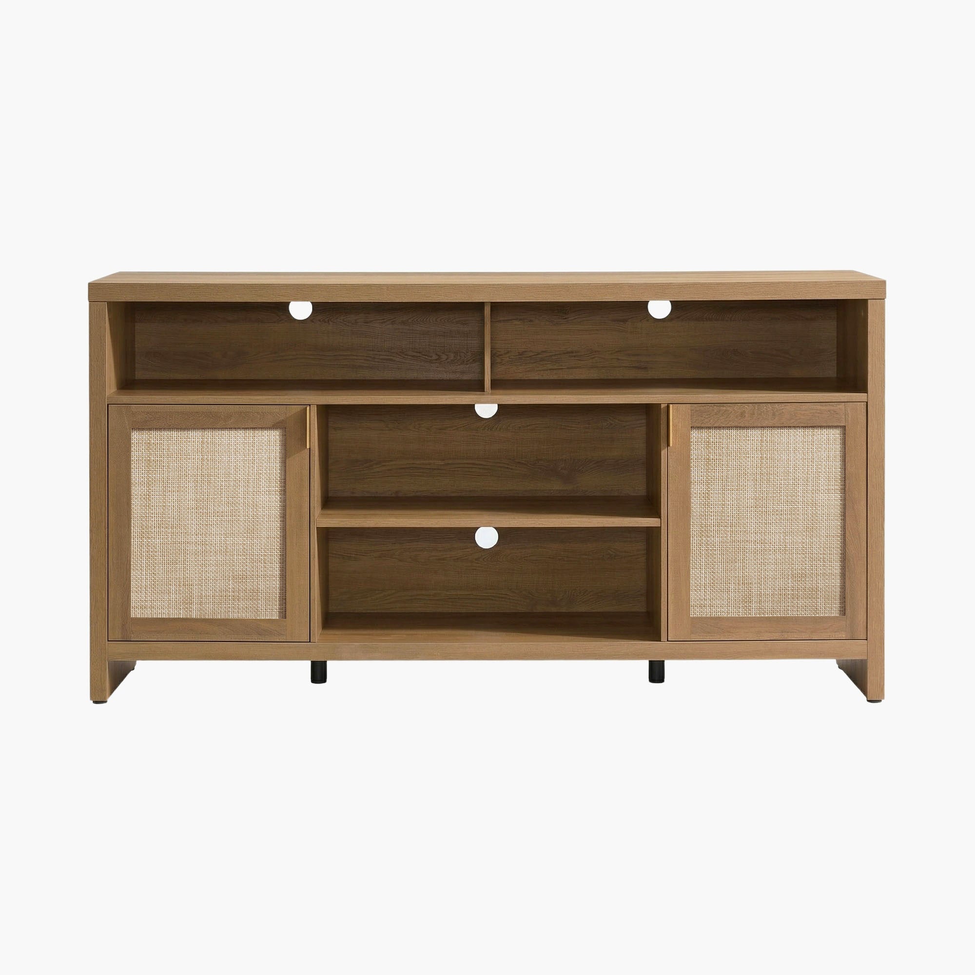 Sicotas Savanna Reclaimed Caramel Oak 65-Inch Flexible TV Stand 1 Low-slung Sicotas Savanna reclaimed 65 inch tv stand in caramel oak with mesh front cabinet doors.