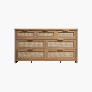 Wide Sicotas Savanna reclaimed caramel oak 7 drawer dresser providing ample bedroom clothes storage.