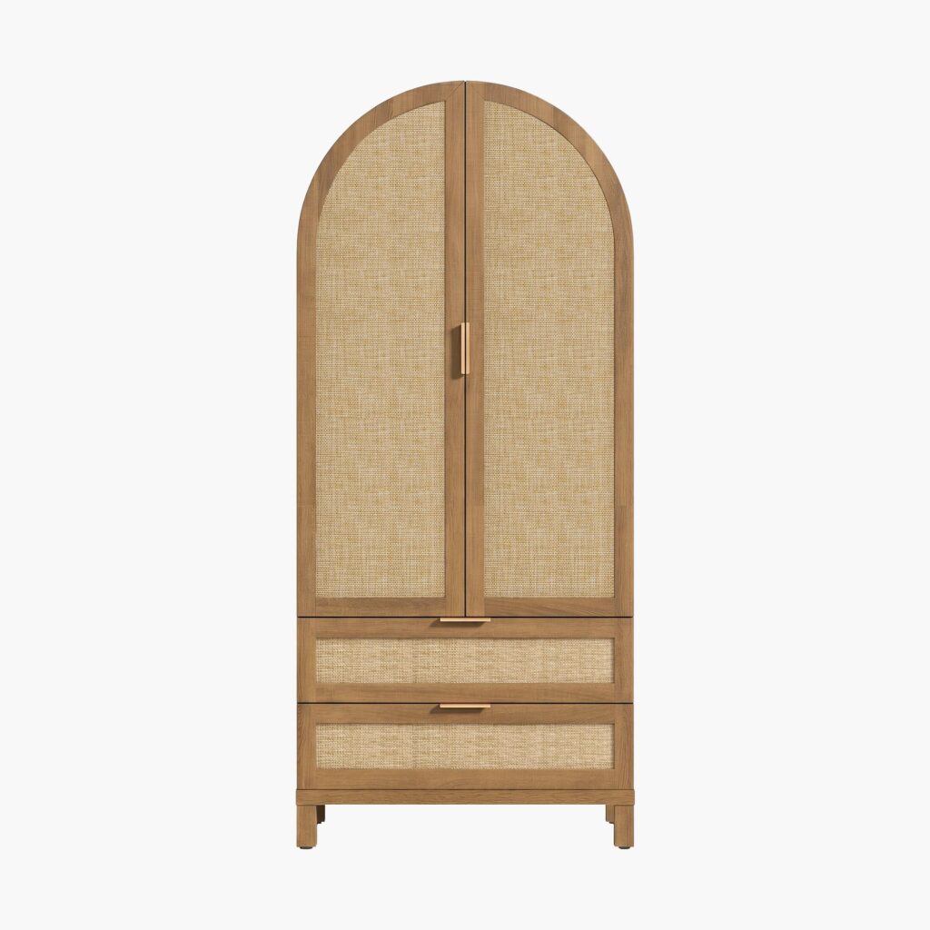 Honest Sicotas Furniture Review: Affordable Luxury or Flat-Pack Headache? 13 Tall elegant Sicotas Savanna reclaimed caramel oak 71 inch arched pantry cabinet with beautiful woven reed accents.