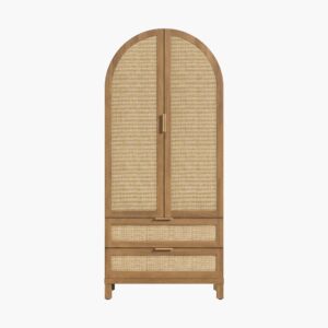 Tall elegant Sicotas Savanna reclaimed caramel oak 71 inch arched pantry cabinet with beautiful woven reed accents.