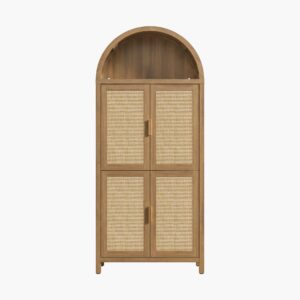Bohemian-styled Sicotas Savanna reclaimed caramel oak 72 inch tall pantry cabinet with glass paneling and a rounded arch top.