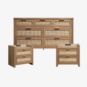 Sicotas Savanna reclaimed caramel oak dresser set including a large chest of drawers and dual nightstands.