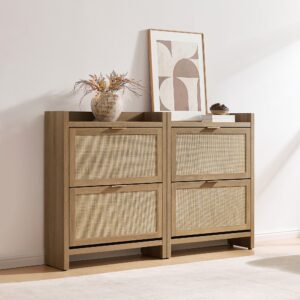 Modern Sicotas Savanna reclaimed caramel oak rattan double shoe cabinet styled beautifully in a sunlit entryway.