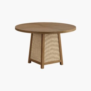 Gorgeous Sicotas Savanna reclaimed caramel oak round rattan dining table perfect for modern dining spaces.