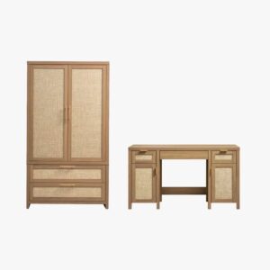 Functional Sicotas Savanna reclaimed caramel vanity wardrobe set featuring a tall wardrobe and matching desk.