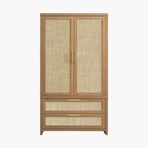 Tall Sicotas Savanna reclaimed caramel oak wardrobe cabinet with upper doors and two lower drawers.