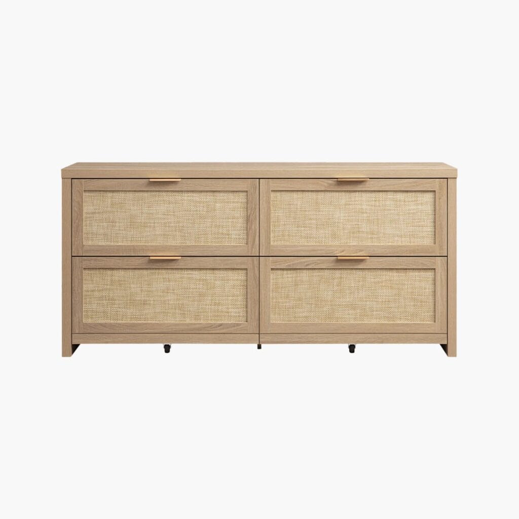 Low-profile Sicotas Savanna light oak 4 drawer dresser with three stylish arched display openings.