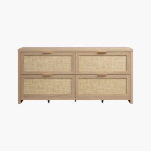 Low-profile Sicotas Savanna light oak 4 drawer dresser with three stylish arched display openings.