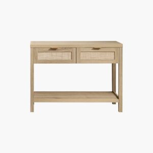 Minimalist Sicotas Savanna light oak entry side table featuring central open media shelves.