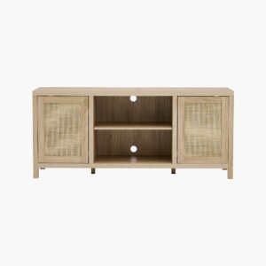 Tall Sicotas Savanna light oak entryway tv stand with open shelves and modern structural framing.