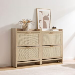 Chic Sicotas Savanna reclaimed light oak flip drawer shoe cabinet with multiple tiers for neat footwear storage.