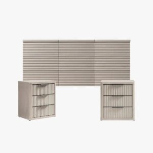 Combined Sicotas Stria stria 9 dresser cas 3 drawer nightstand setup in a matching grey alder wood grain finish.