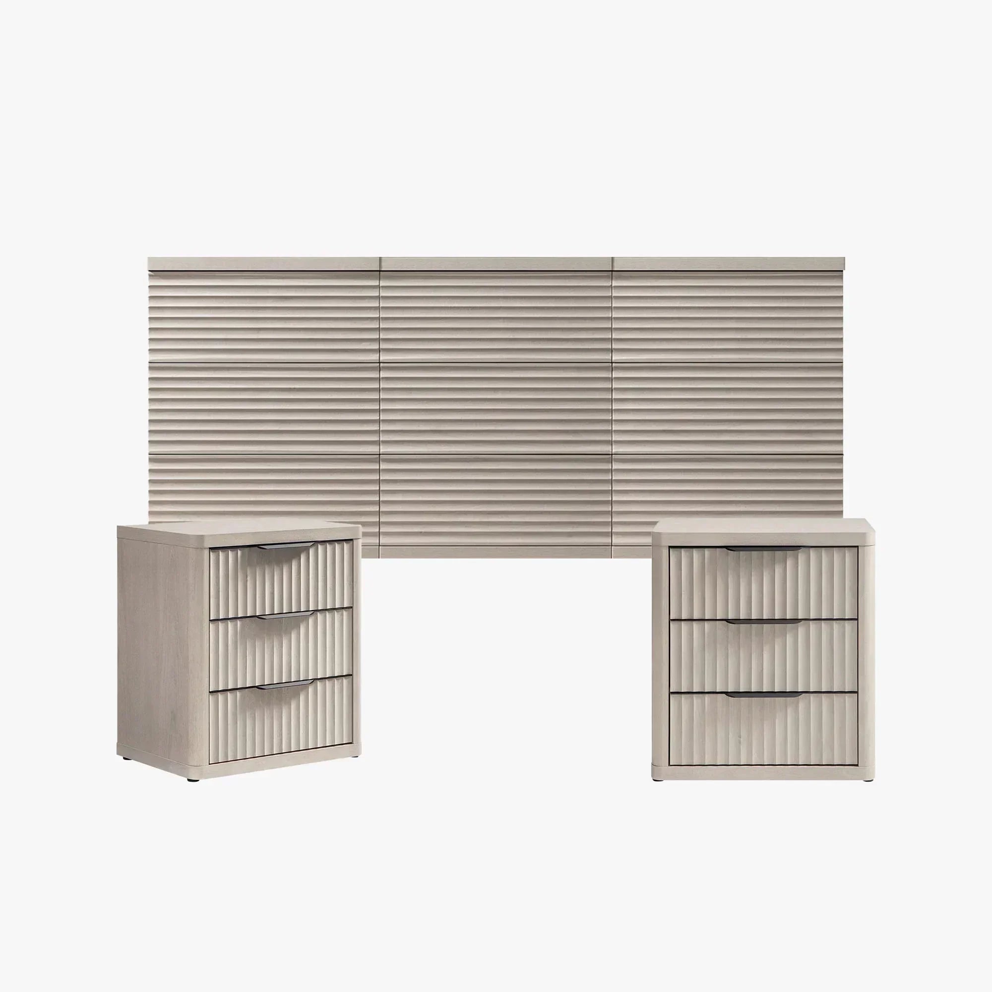 Sicotas Stria 9-Drawer Dresser and Cas 3-Drawer Nightstand Set 1 Combined Sicotas Stria stria 9 dresser cas 3 drawer nightstand setup in a matching grey alder wood grain finish.