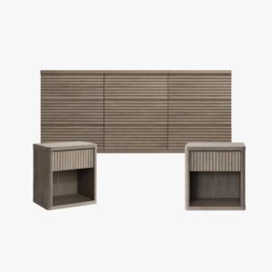 Coordinated Sicotas Stria stria dresser cas stand set featuring a 9-drawer grey alder chest and matching bedside tables.