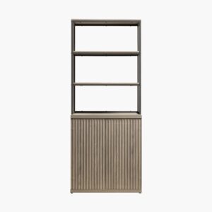 Tall Sicotas Stria grey alder book shelfs with open upper shelving and lower cabinet storage.
