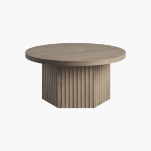 Modern Sicotas Stria grey alder coffee table featuring a sturdy round fluted pedestal base.