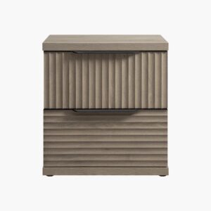 Sicotas Stria grey alder nightstands with a ribbed texture design and open storage compartment.