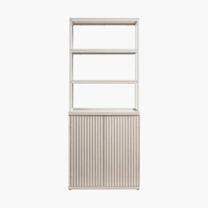 Sicotas Stria white alder bookshelves featuring modern metal framing and integrated storage cabinets.