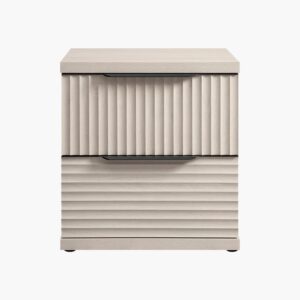 Contemporary Sicotas Stria white alder nightstands featuring a fluted wood face and open shelf.