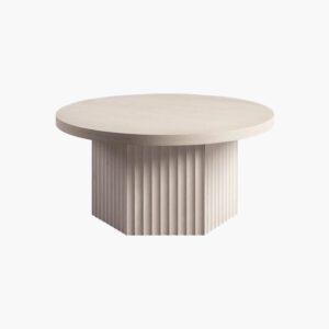Elegant Sicotas Stria round coffee table white textured wood finish for a contemporary living room.