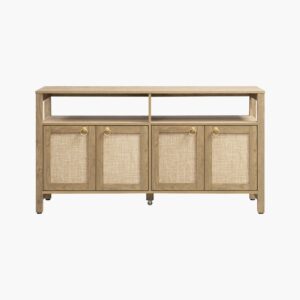 Sicotas Terra carbon cherry 65 tv stand with four slated cabinet doors for media storage.