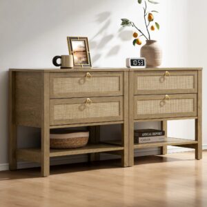 Rustic modern Sicotas Terra carbon cherry nightstand styled with decor in a bright bedroom.