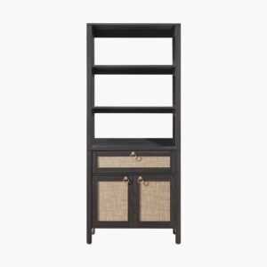 Tall Sicotas Terra obsidian rattan bookshelf featuring an elegant arched top and open display shelving.