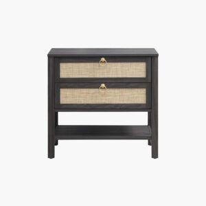 Sleek Sicotas Terra obsidian high end table with drawers and a bold minimalist black metal frame.