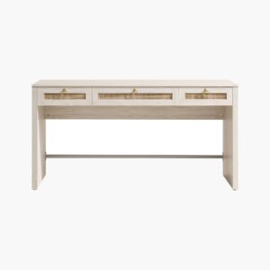 Clean Sicotas Terra white cream oak cream oak 3 drawer desk featuring a sleek desktop workspace and slim frame legs.