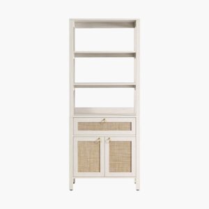 Multi-tier Sicotas Terra cream oak bookshelf drawer unit with an open frame and enclosed storage doors.
