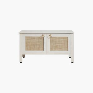 Clean-lined Sicotas Terra cream oak rattan shoe bench console with dual drawers.