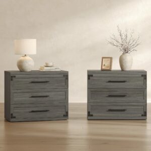 Pair of modern Sicotas Willow ash gray 3 drawer nightstand units set in a contemporary bedroom.