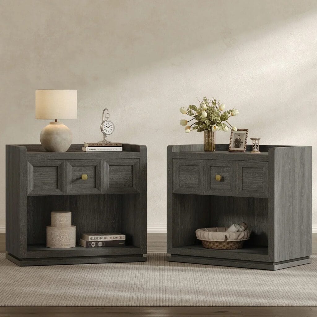 Compact Sicotas Willow ash gray 1 drawer sideboard styled neatly in a bedroom corner.