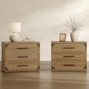 Coordinated Sicotas Willow oak brown 3 drawer nightstand set displayed side by side.
