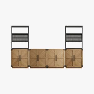 Multi-piece Sicotas Willow oak brown bookcase set showing combined shelves and matching storage units.