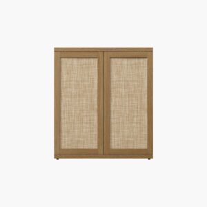 Bohemian-style Sicotas Zura amber oak rattan sideboard cabinet featuring natural woven door panels.