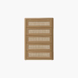 Elegant Sicotas Zura amber oak 5 drawer dresser accented with beautiful texturized rattan drawer fronts.